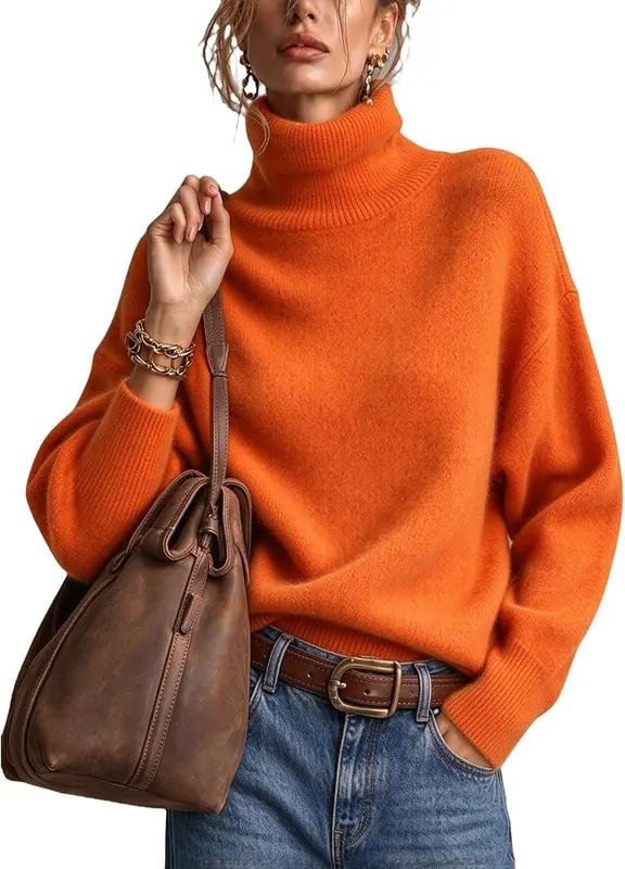 Generic Womens Turtleneck Sweater Knit Oversized Pullover A009-orange in A009-orange