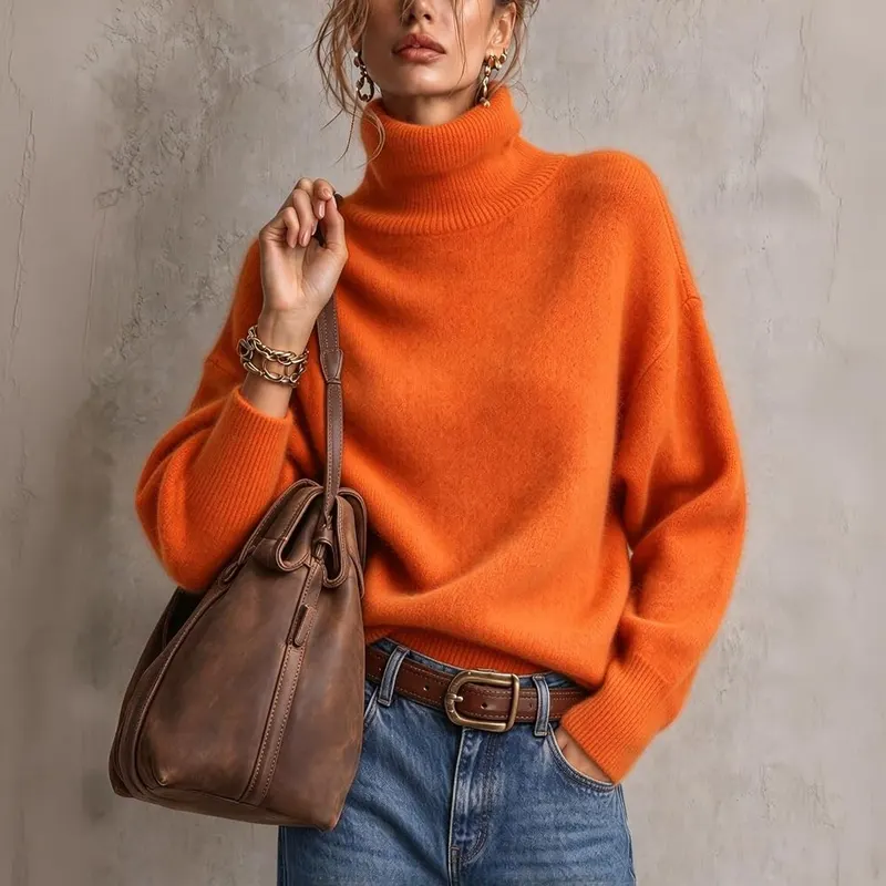 Generic Womens Turtleneck Sweater Knit Oversized Pullover A009-orange – product photo 2 of 6