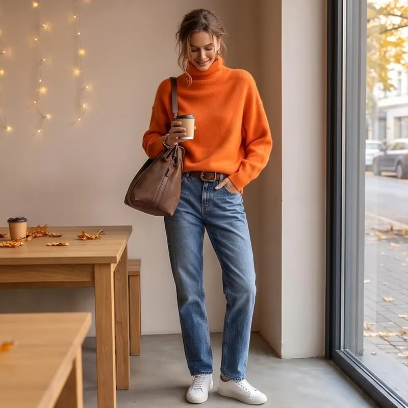 Generic Womens Turtleneck Sweater Knit Oversized Pullover A009-orange – product photo 3 of 6