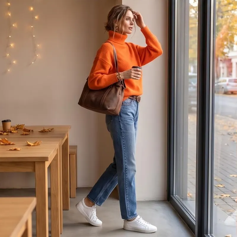 Generic Womens Turtleneck Sweater Knit Oversized Pullover A009-orange – product photo 5 of 6