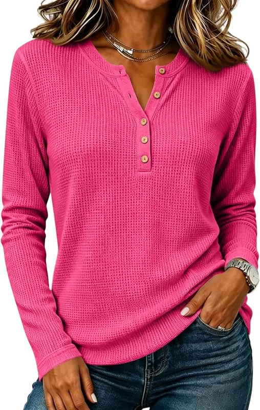 Generic Womens Waffle Knit Long Sleeve Shirts A007-hot Pink Medium in A007-hot Pink