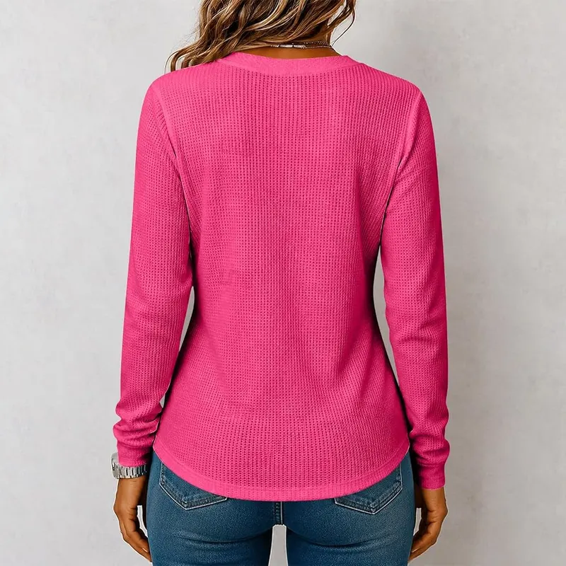 Generic Womens Waffle Knit Long Sleeve Shirts A007-hot Pink Medium – product photo 5 of 7