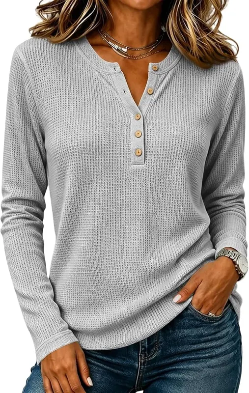Generic Womens Waffle Knit Long Sleeve Shirts A006-gray in A006-gray