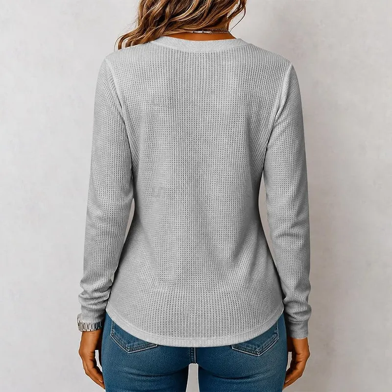 Generic Womens Waffle Knit Long Sleeve Shirts A006-gray – product photo 5 of 7