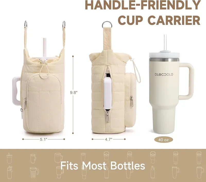 WOOMADA Water Bottle Holder Bag Beige – Convenient side zipper for handled cups