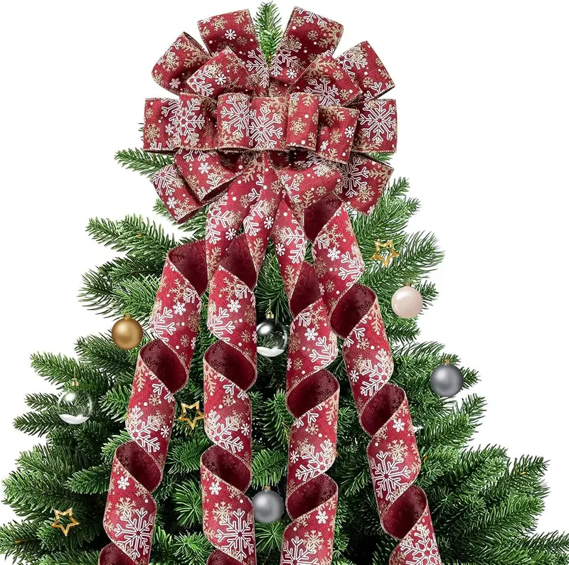 WRAPAHOLIC Large Christmas Tree Topper Bow in Snowflake - Burlap