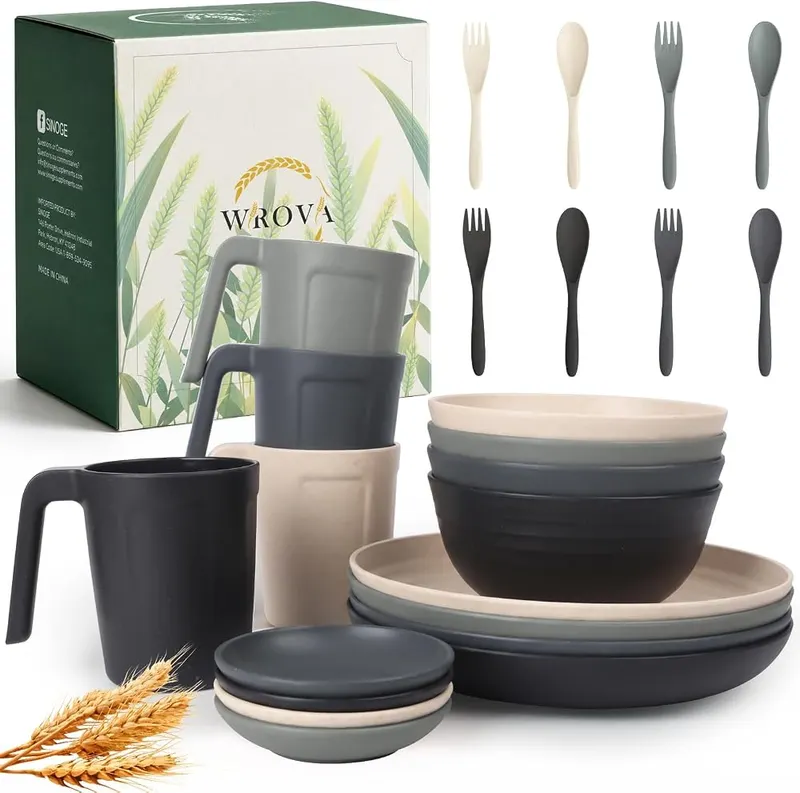 Wrova 24PCS Wheat Straw Dinnerware Sets in Black & Gray