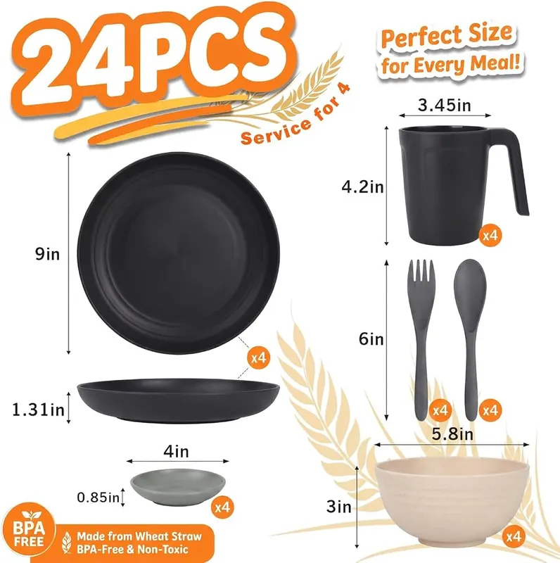 Wrova 24PCS Wheat Straw Dinnerware Sets – 24 pieces, service for four