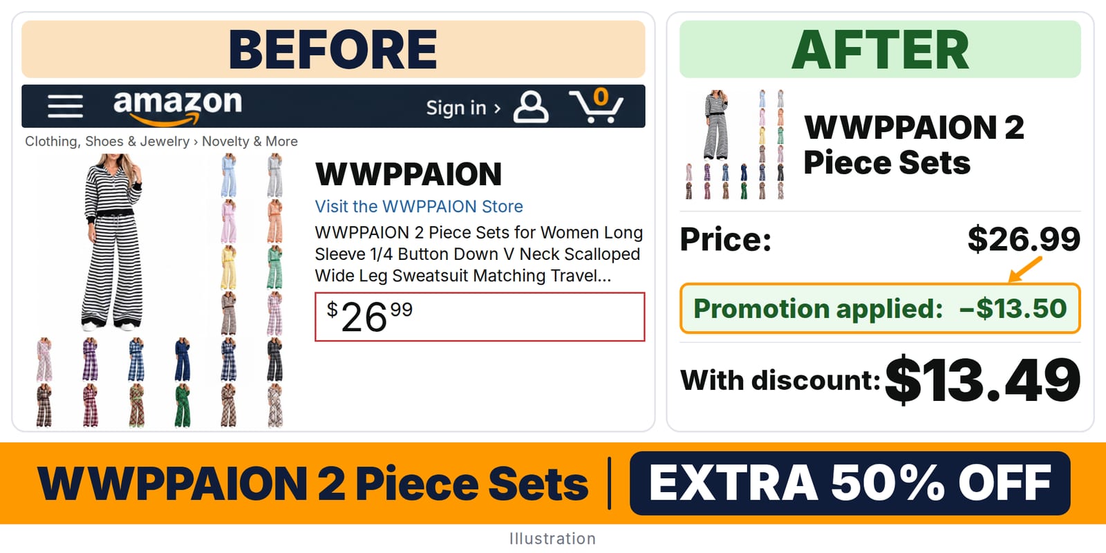 WWPPAION 2 Piece Sets deal: before and after – promo code 53UXWGQG, 50% off on Amazon