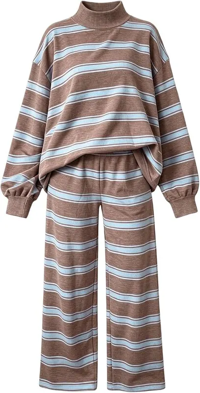 WWPPAION Womens Striped Set Oversized Fall Striped – Material:80% polyester, 20% cotton