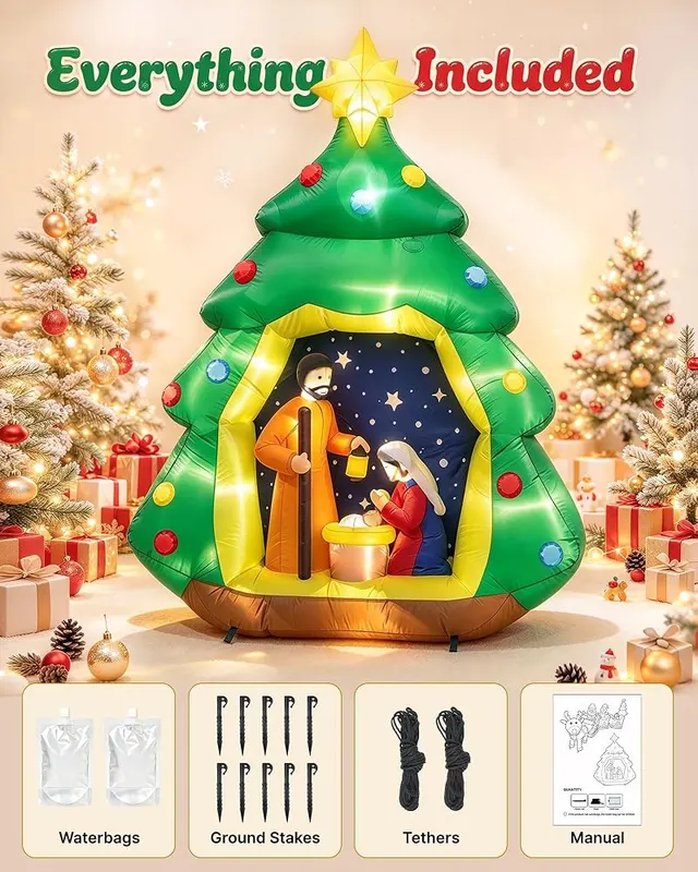 XFITCORE 7ft Christmas Inflatable Tree Nativity Scene – Weather-resistant polyester fabric build