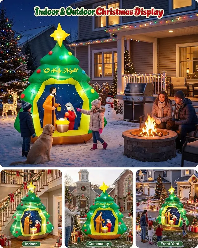 XFITCORE 7ft Christmas Inflatable Tree Nativity Scene – Complete anchoring hardware kit included