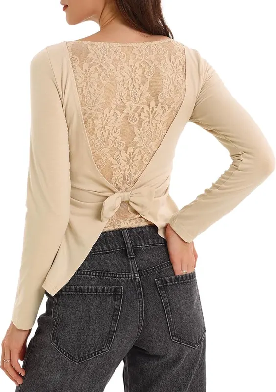 XIMVAY Women Lace Patchwork Tops Backbow Tie Apricot Small in Apricot