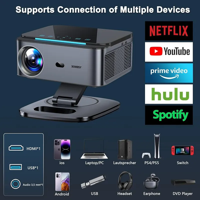 XIWBSY Google TV Smart Projector 4K – 360° Detachable Rotatable Stand & Multi-Scenario Installation】Comes