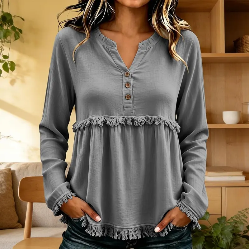 XOGWVJ Western Tops – Split neckline with button placket