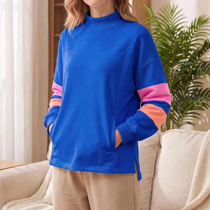 yakyamgi Mock Neck Sweatshirt A004-blue – Stylish Color Block Design