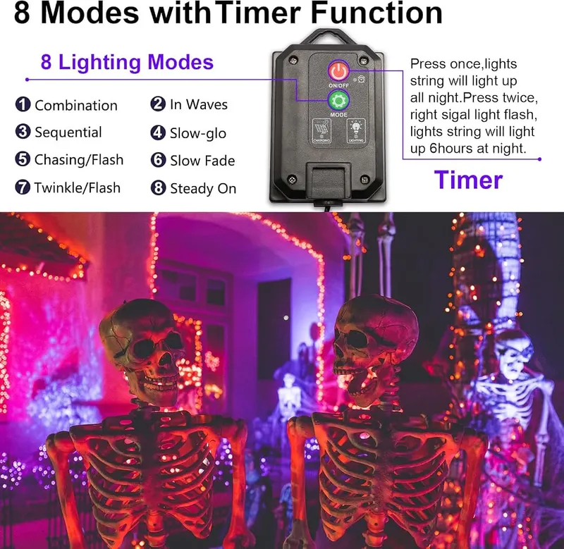 YAOZHOU Solar Halloween String Lights 200Led – Waterproof & Timer