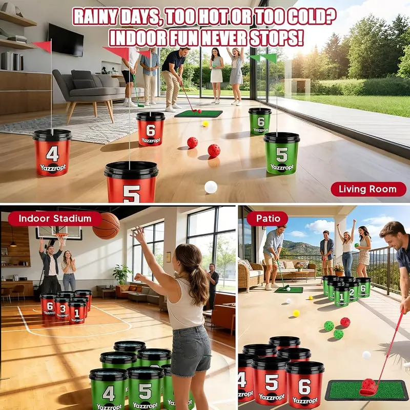 Yazzropt Giant 3-in-1 Outdoor Backyard Party Game – Includes twelve large buckets and flagsticks