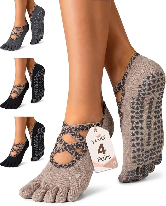 yeuG Pilates Socks Five Yoga Toe Socks in A01-cross Straps-black*2/Dark Grey/Khaki