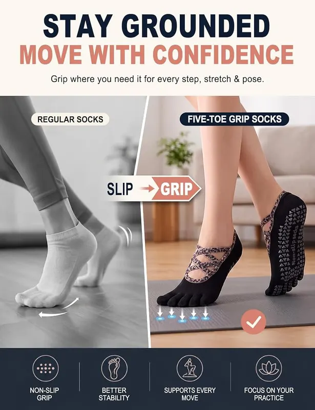 yeuG Pilates Socks Five Yoga Toe Socks – Secure bottom grip traction dots