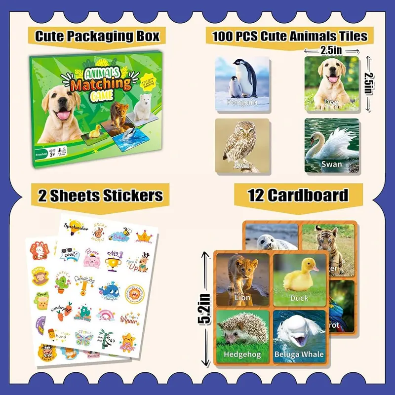 YTSQLER 100 PCS Animal Memory Matching Game – One hundred animal memory cards