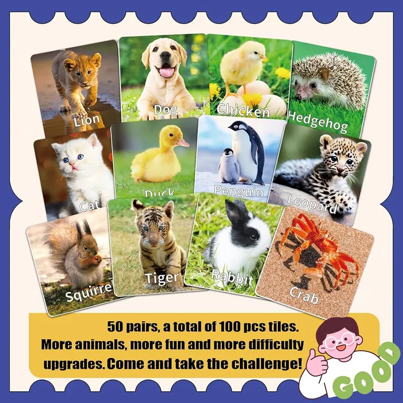 YTSQLER 100 PCS Animal Memory Matching Game – Ages four to eight focus