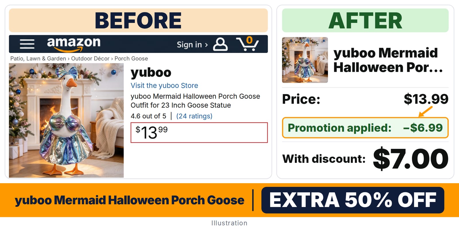 yuboo Mermaid Halloween Porch Goose Outfit deal: before and after – promo code 25TUWMX5, 50% off on Amazon