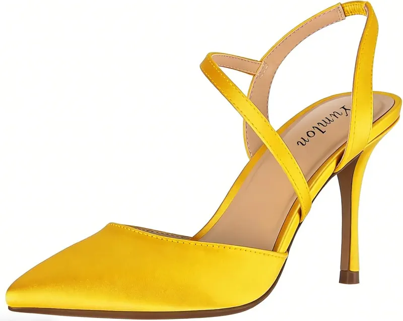 Yumlon Yellow Heels in Yellow Satin