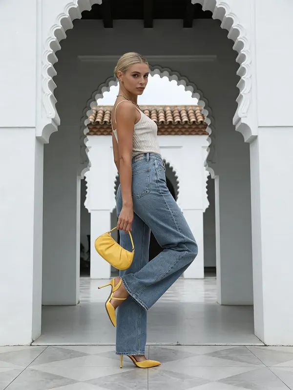 Yumlon Yellow Heels – Faux leather and satin upper