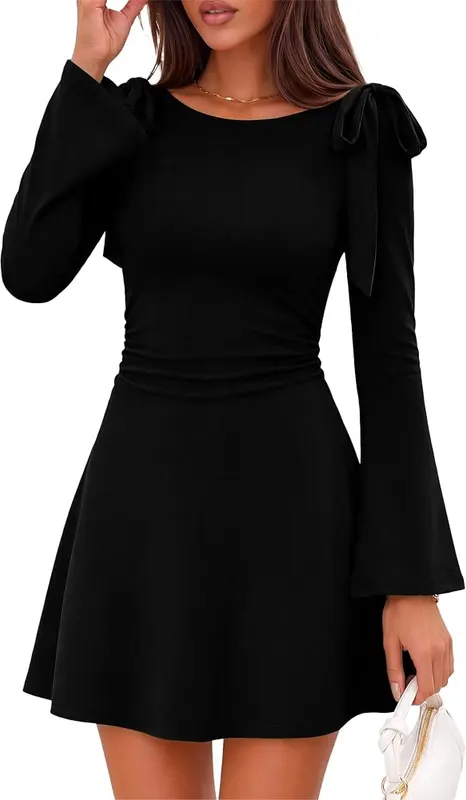 Zelroxa Black Long Sleeve Bow Tie Ruched in Black