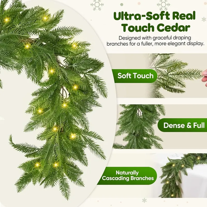 Zilithra 8.9FT Realistic Cedar Garland – Eight distinct lighting modes