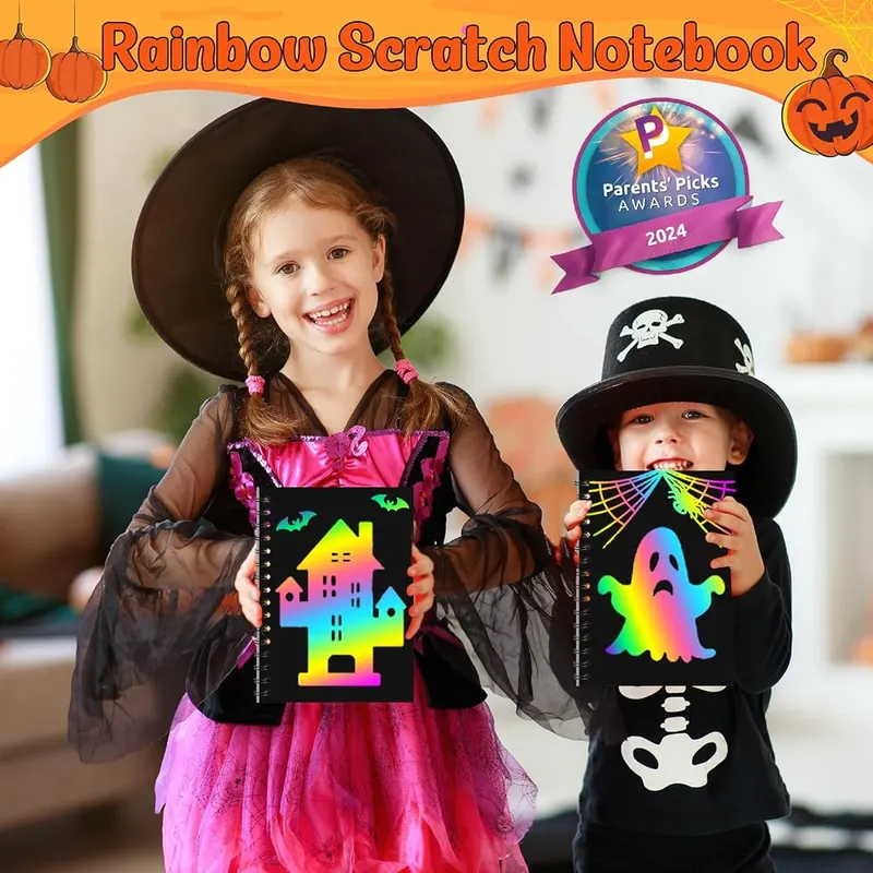 ZMLM 24 Pack Halloween Rainbow Art Scratch – Mess-free scratch art activity